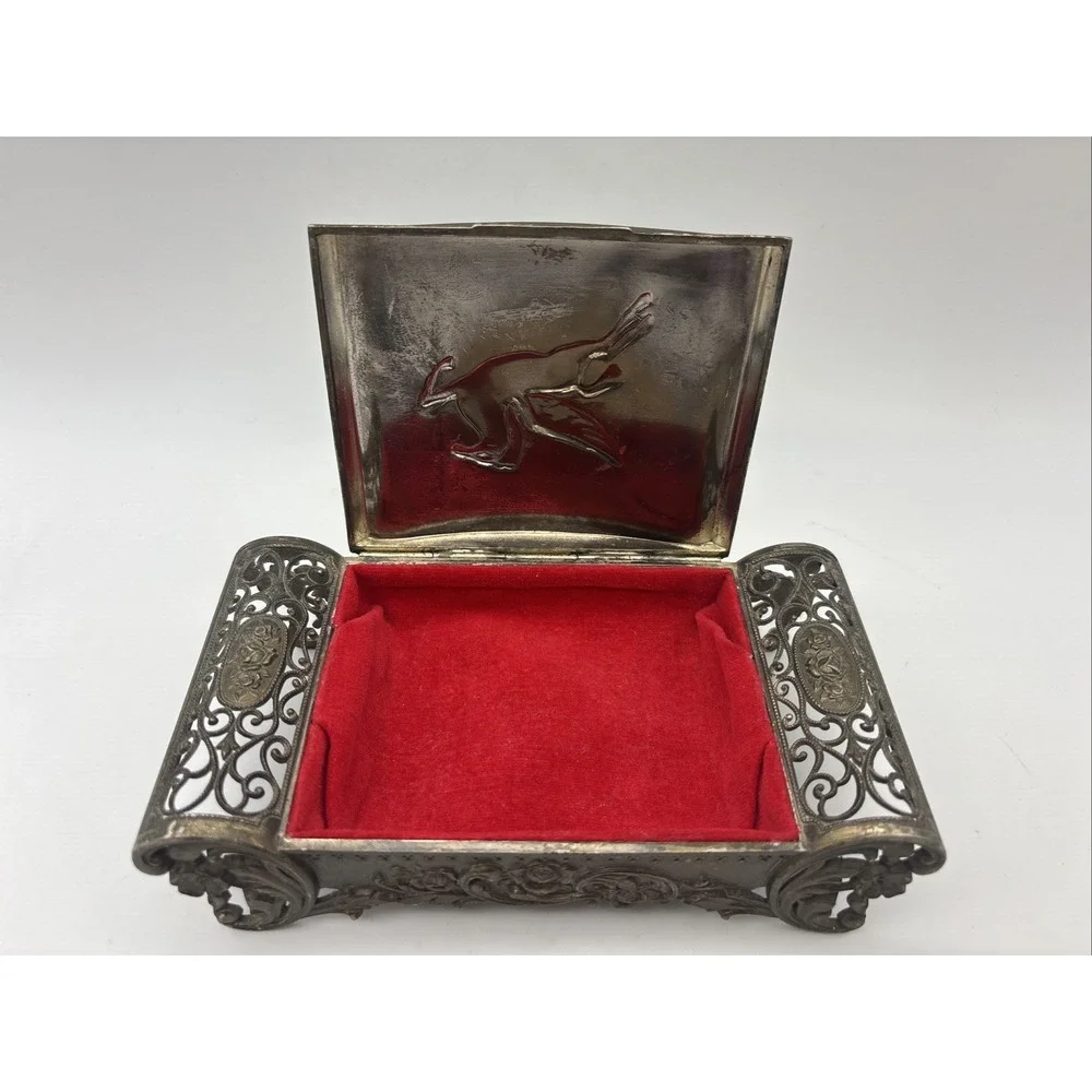 Vintage Japanese Metal Jewelry Trinket Box Red Velvet Lining - Rare